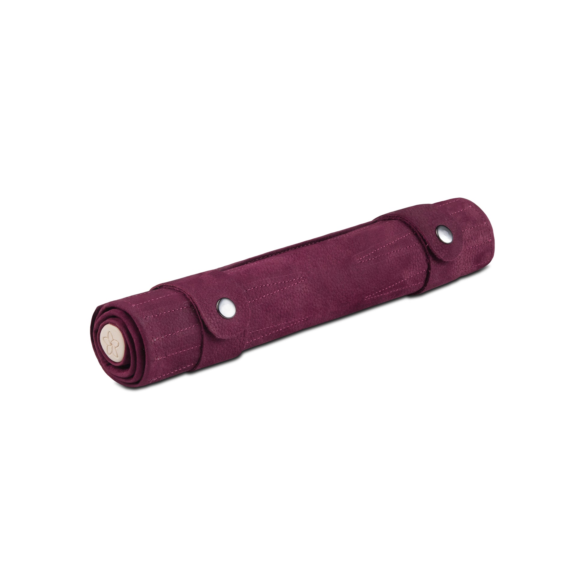 MELIA Bordeaux leather backgammon set rolled into its compact travel case