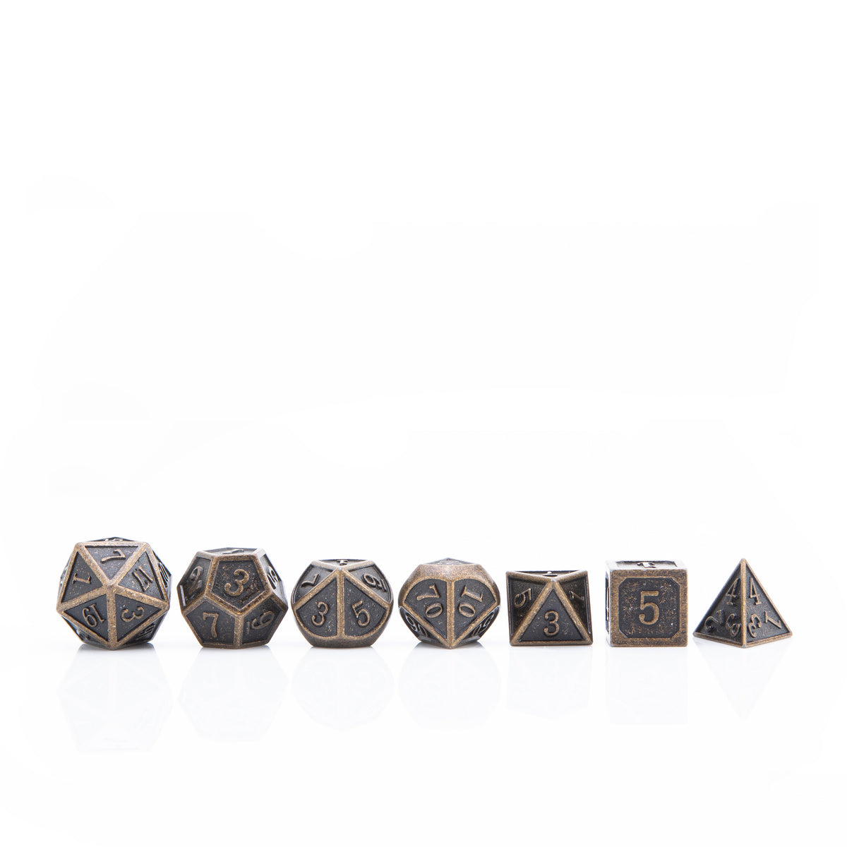 Bronze polyhedral RPG dice including D4 D6 D8 D10 D12 and D20